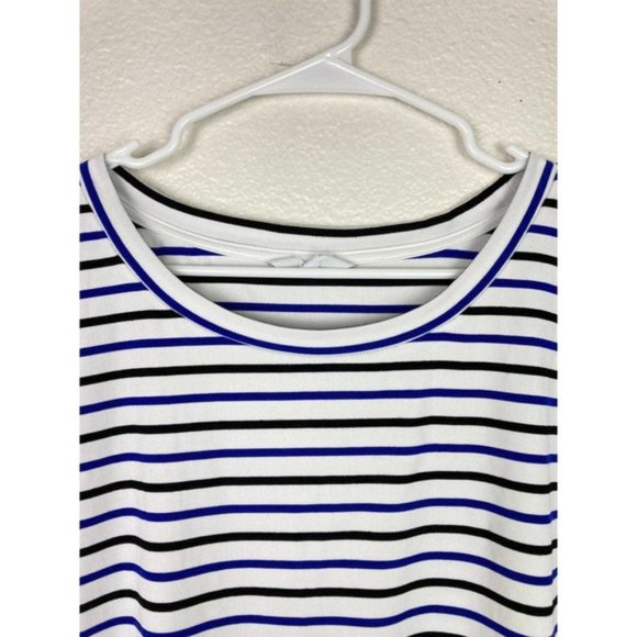 BB Dakota Striped Shirt Womens Medium Blue White Short Sleeves Boxy Crew Neck - Picture 2 of 8